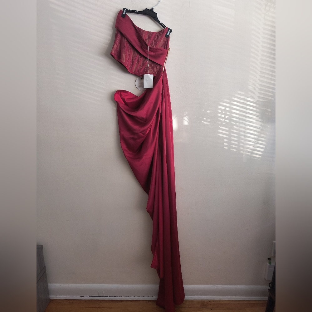 Miss Circle Burgundy Satin Coutour Maxi Evening Gown
